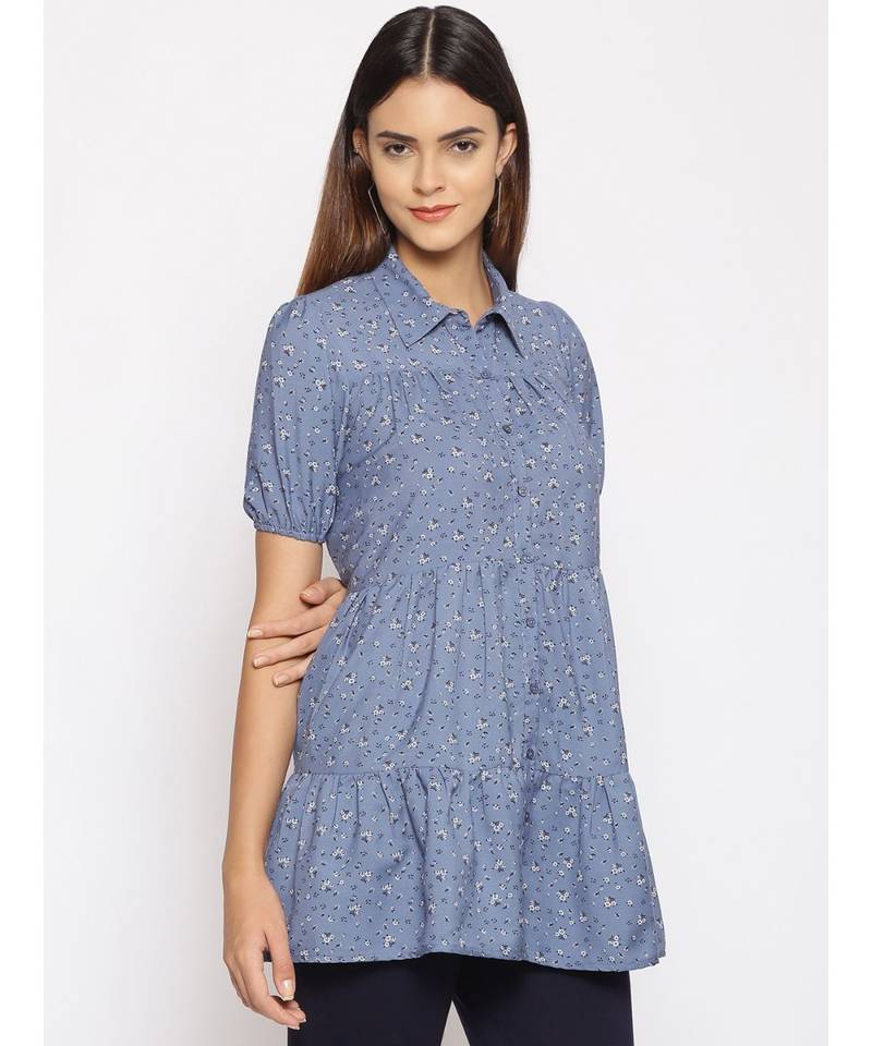 printed Blue Polyester   Tunic
