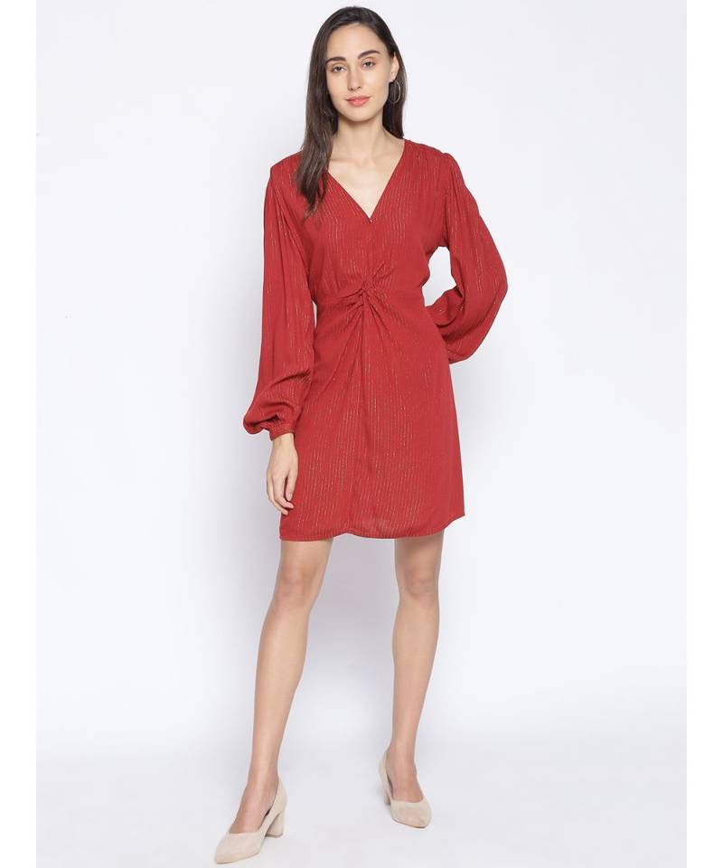 embroidered Red Viscose   Dress