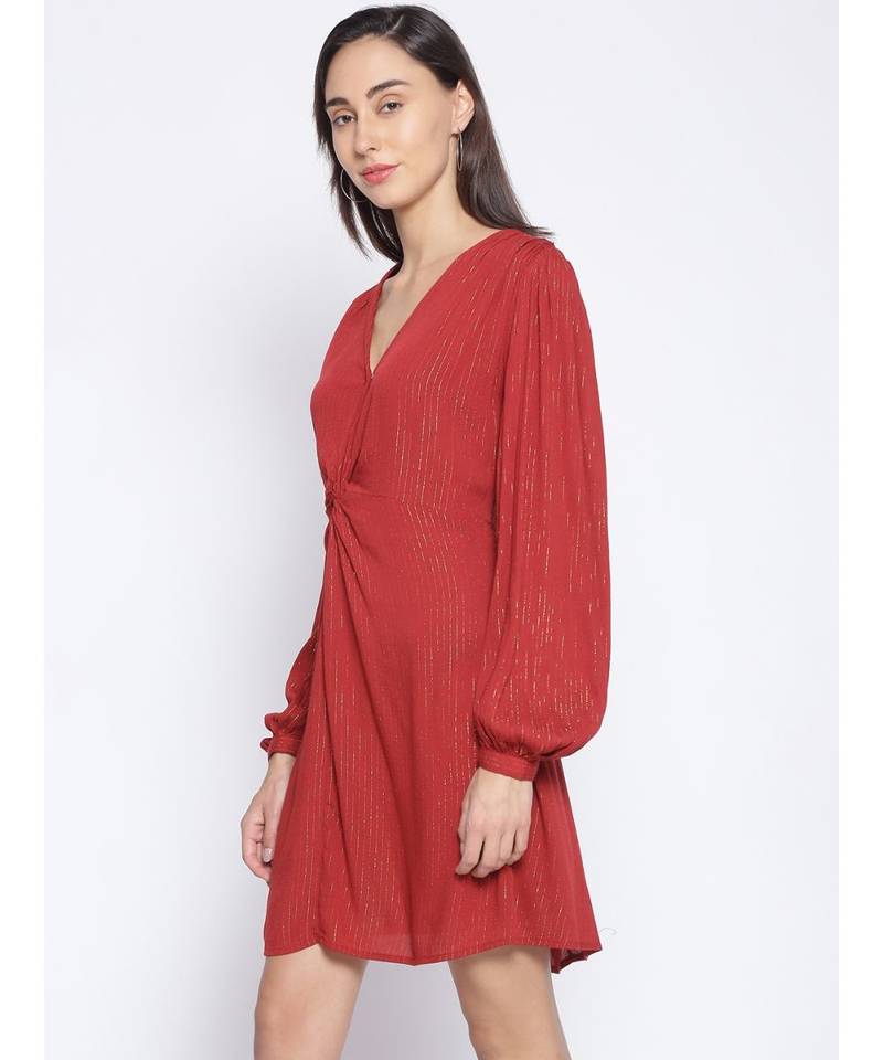 embroidered Red Viscose   Dress