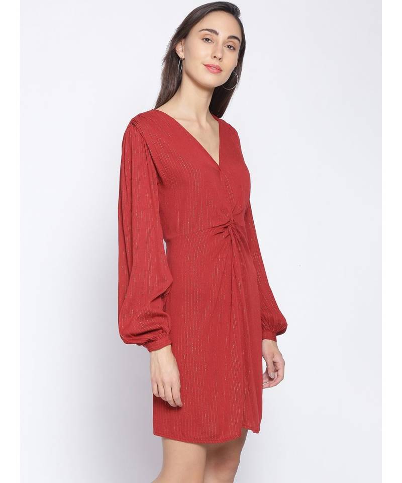 embroidered Red Viscose   Dress