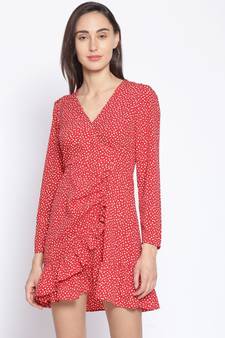 printed Red Polyester   Dress