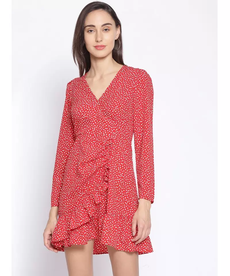 printed Red Polyester   Dress
