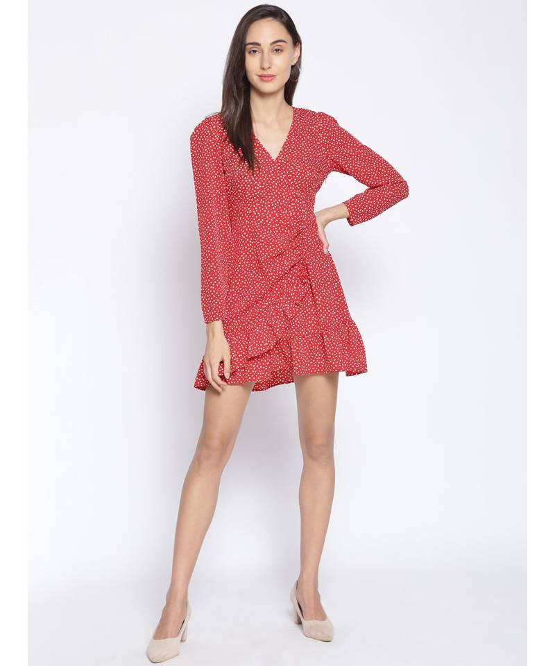 printed Red Polyester   Dress