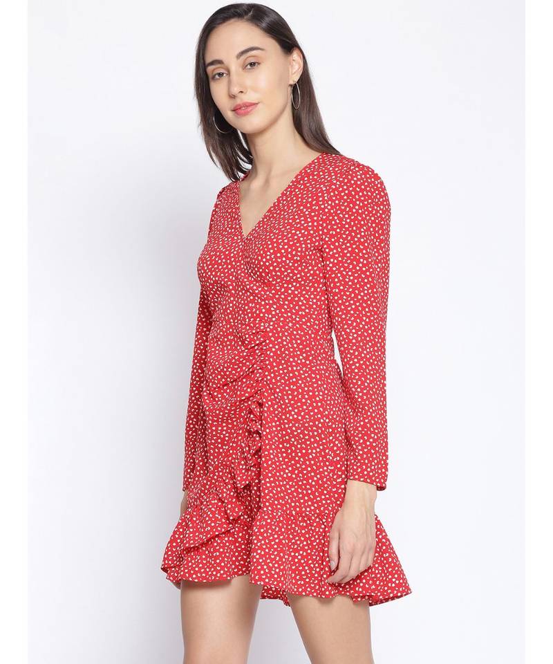 printed Red Polyester   Dress