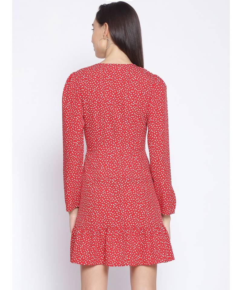 printed Red Polyester   Dress