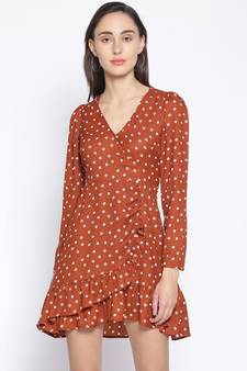 printed Brown Polyester   Dress