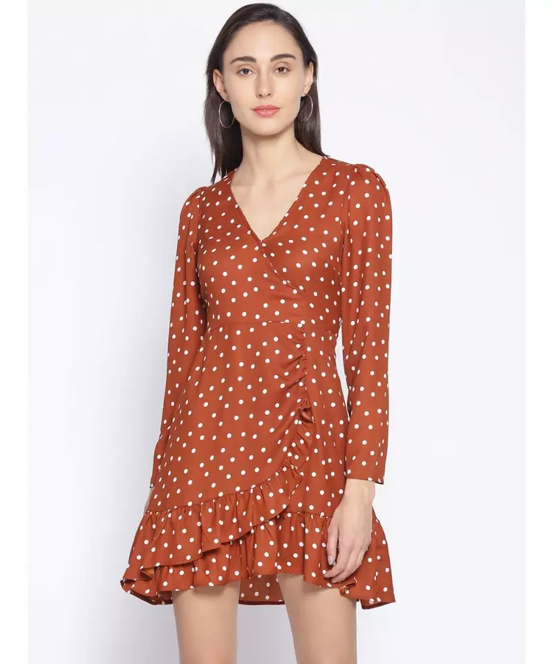 printed Brown Polyester   Dress
