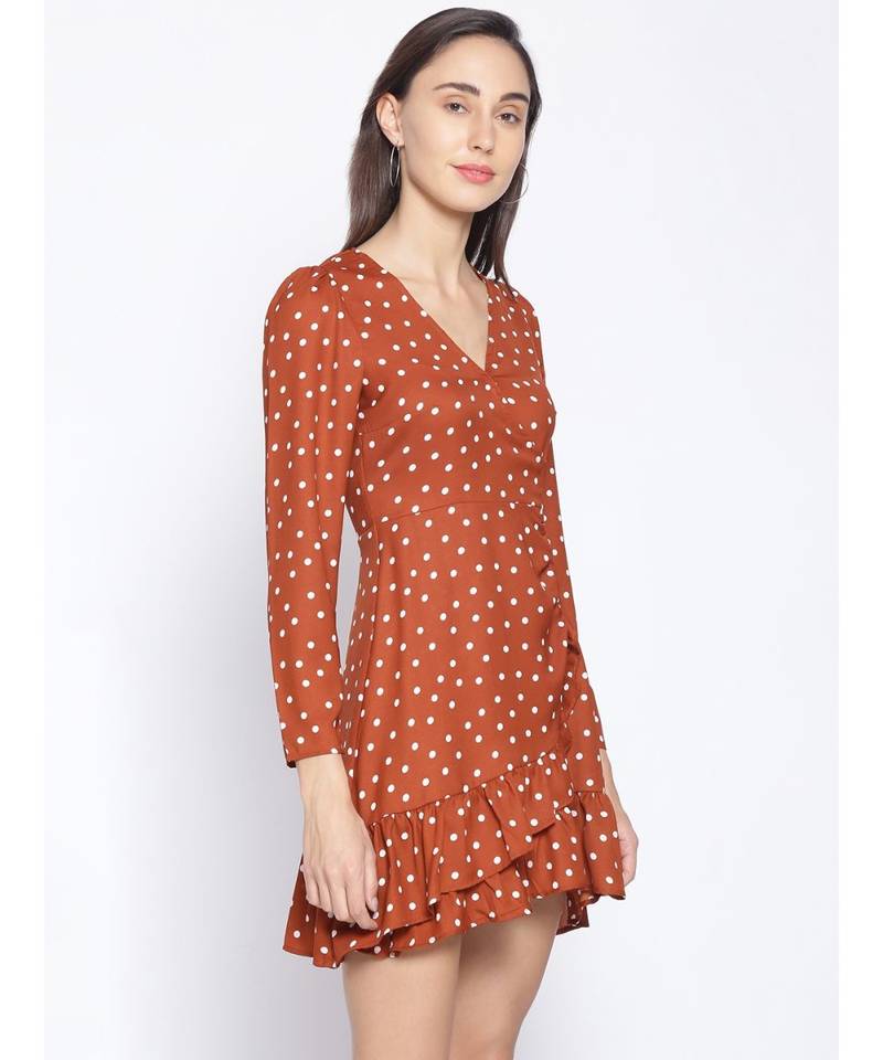 printed Brown Polyester   Dress