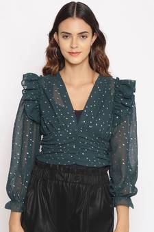 embroidered Green Polyester   Top