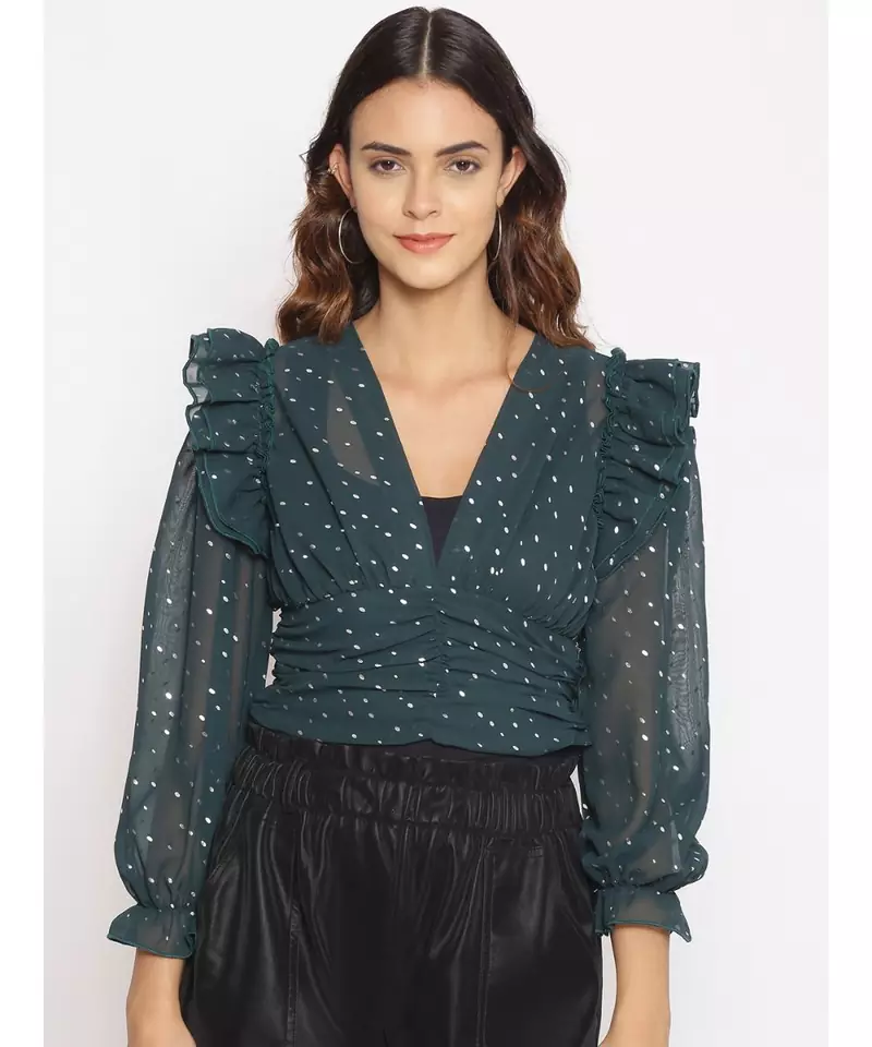 embroidered Green Polyester   Top