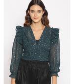 embroidered Green Polyester   Top