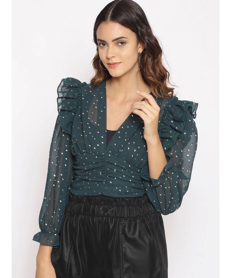 embroidered Green Polyester   Top