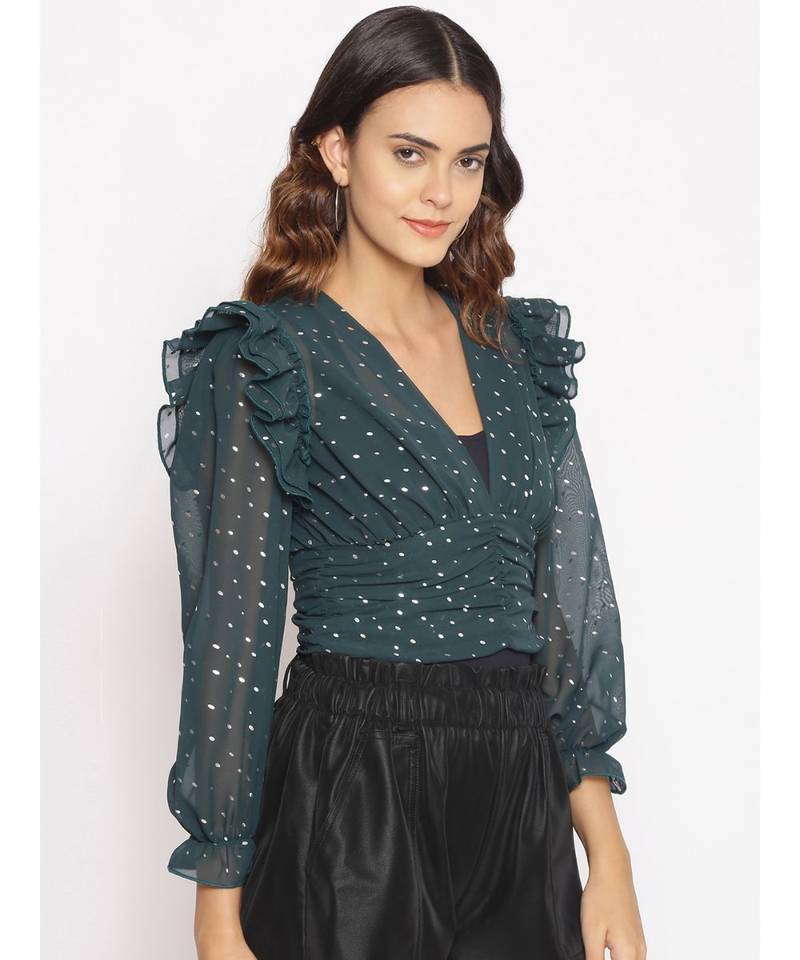 embroidered Green Polyester   Top