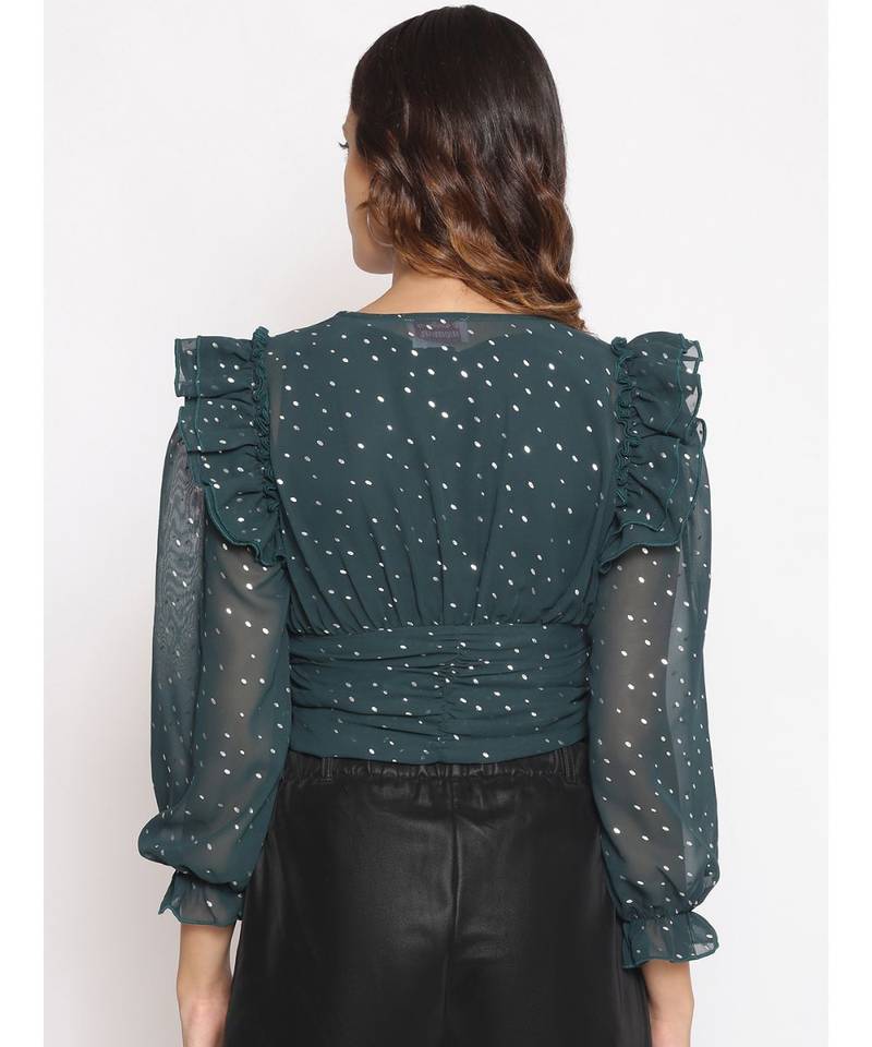 embroidered Green Polyester   Top