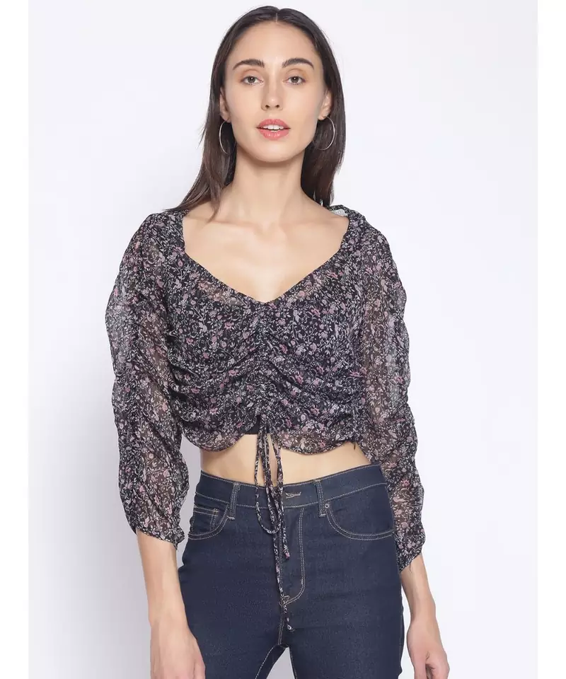 printed Black Polyester   Top