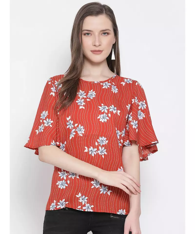printed Red Polyester   Top