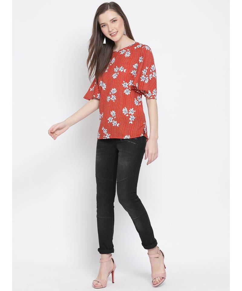 printed Red Polyester   Top