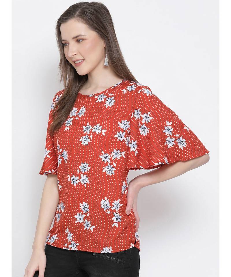 printed Red Polyester   Top