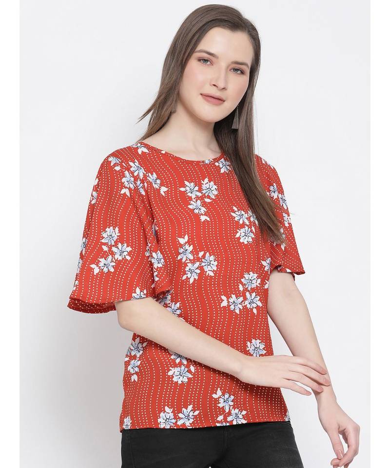printed Red Polyester   Top