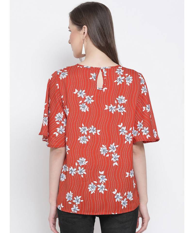 printed Red Polyester   Top