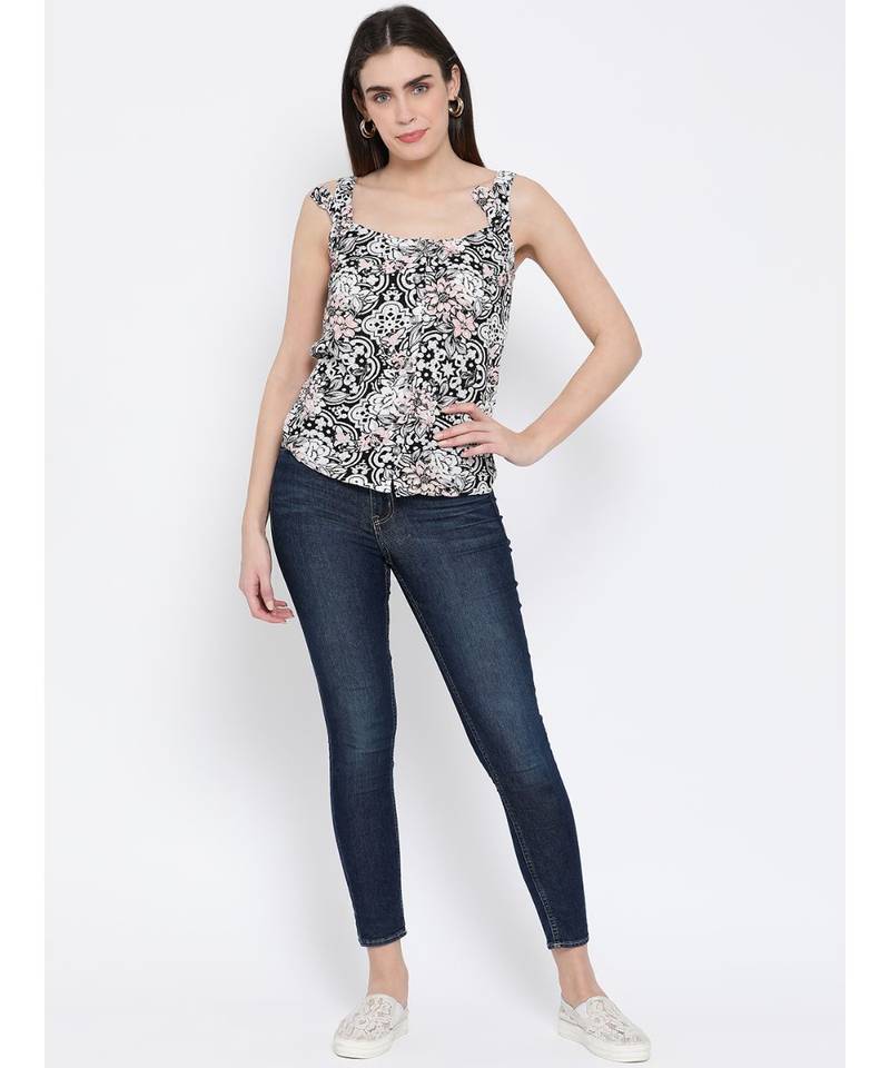 printed Black Viscose   Top