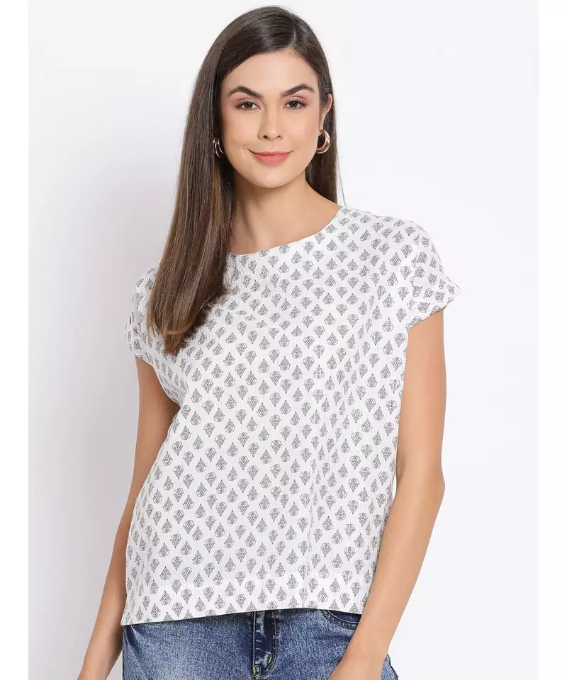 printed White Cotton   Top