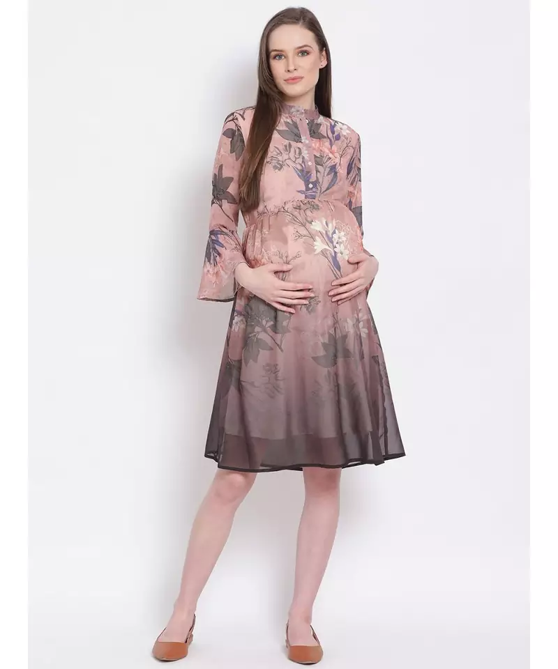 printed Brown Polyester   Dress