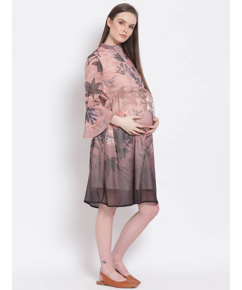 printed Brown Polyester   Dress