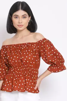 printed Brown Polyester   Top