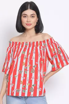printed Red Polyester   Top