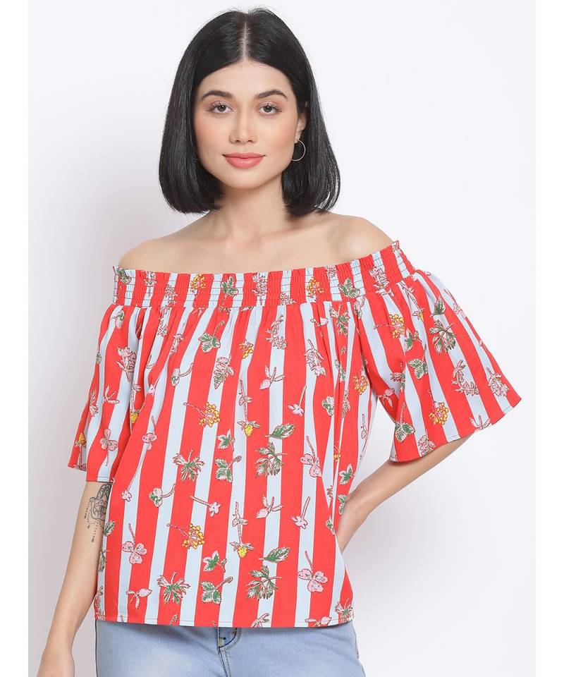printed Red Polyester   Top