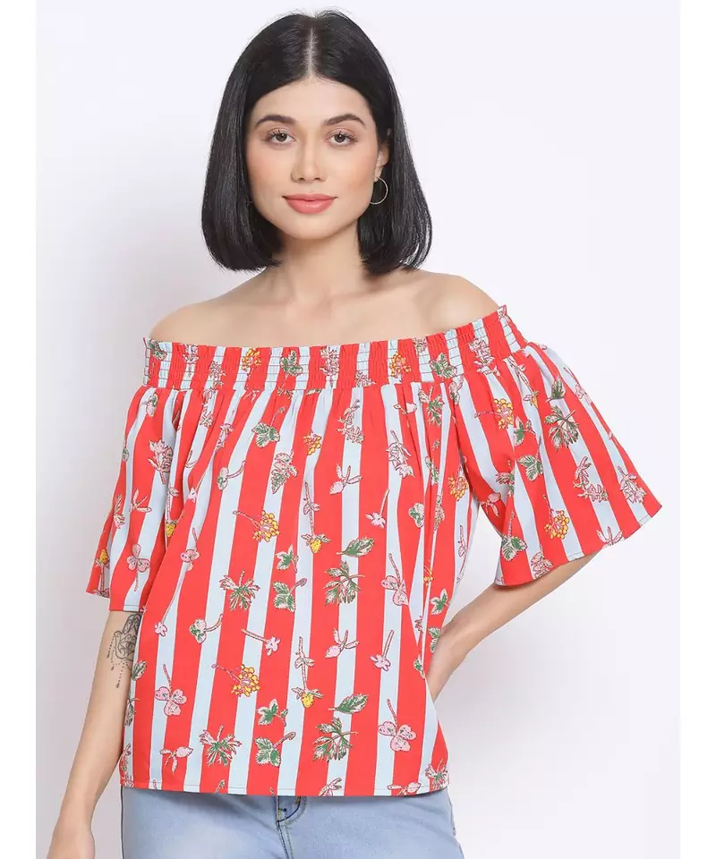 printed Red Polyester   Top