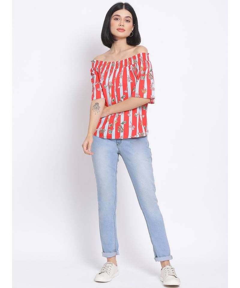 printed Red Polyester   Top