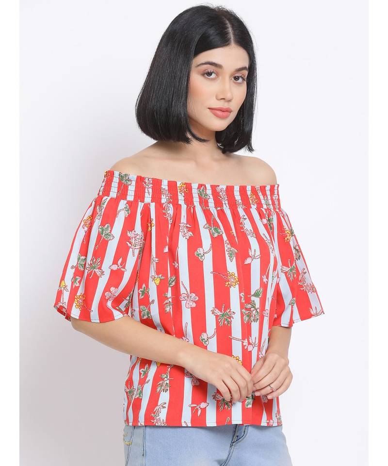 printed Red Polyester   Top