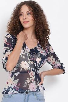 printed blue Polyester   Top