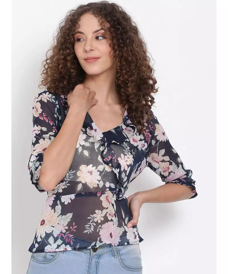 printed blue Polyester   Top