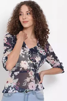 printed blue Polyester   Top