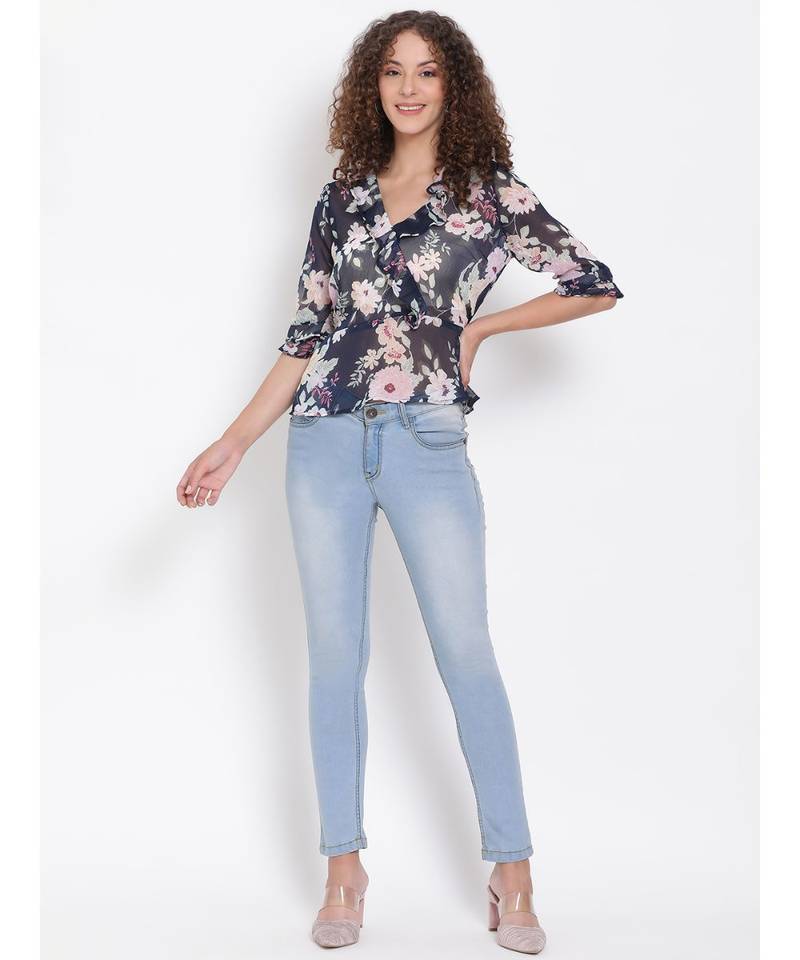 printed blue Polyester   Top