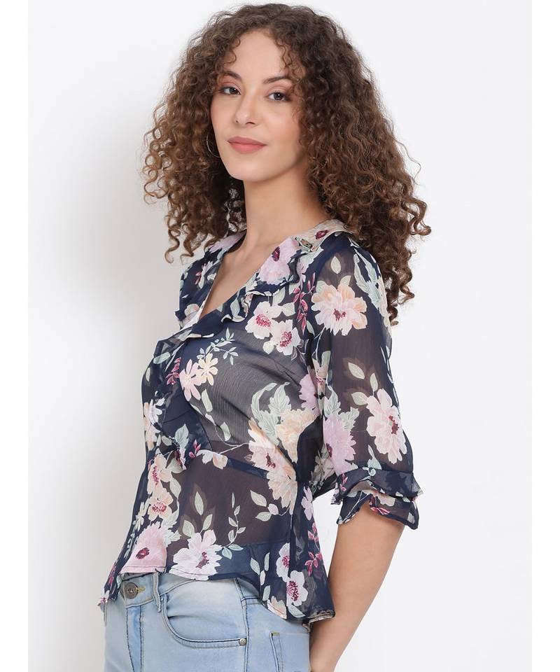 printed blue Polyester   Top