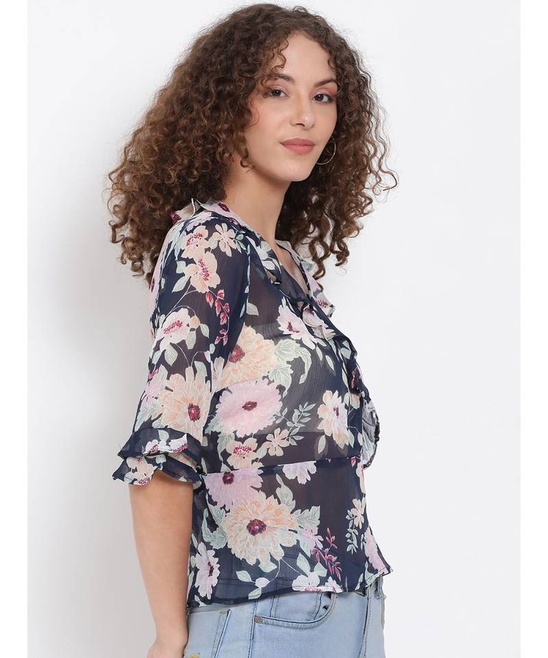 printed blue Polyester   Top