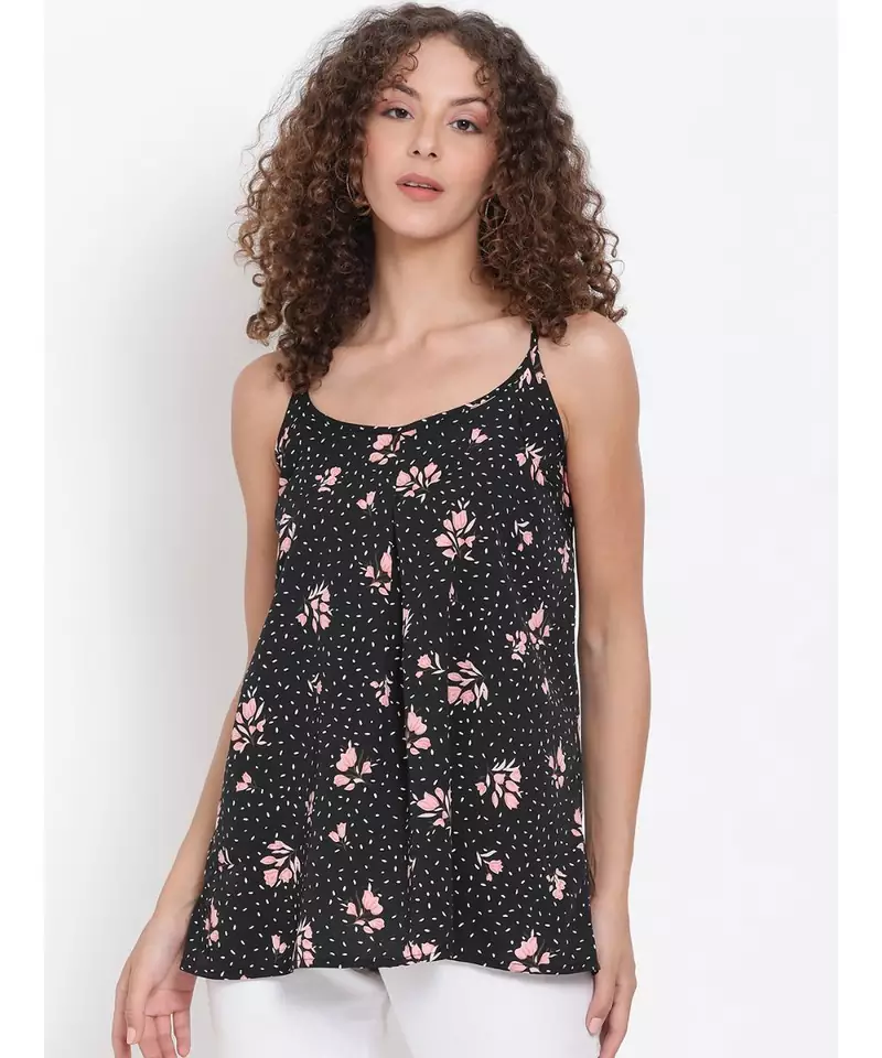 printed Black Polyester   Top