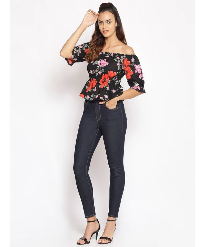 printed Black Polyester   Top