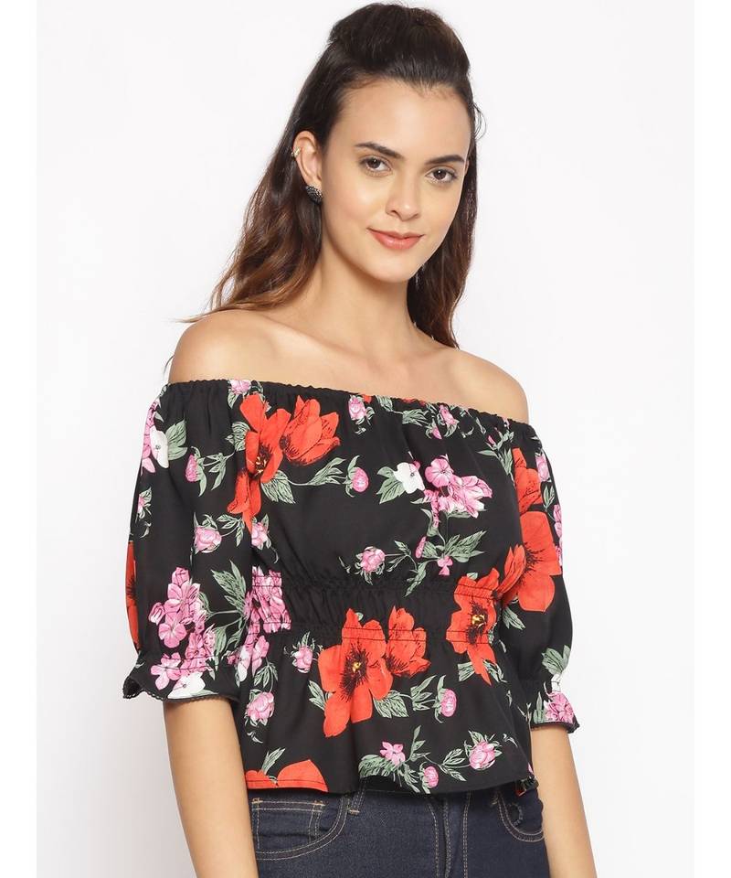 printed Black Polyester   Top