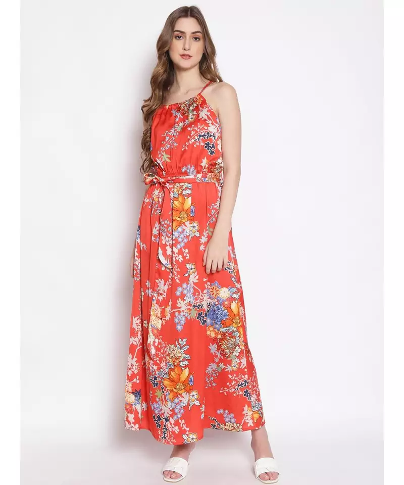 printed Red Polyester   Dress