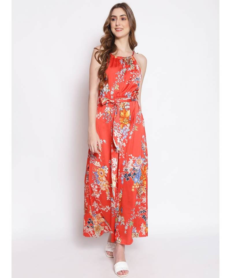 printed Red Polyester   Dress