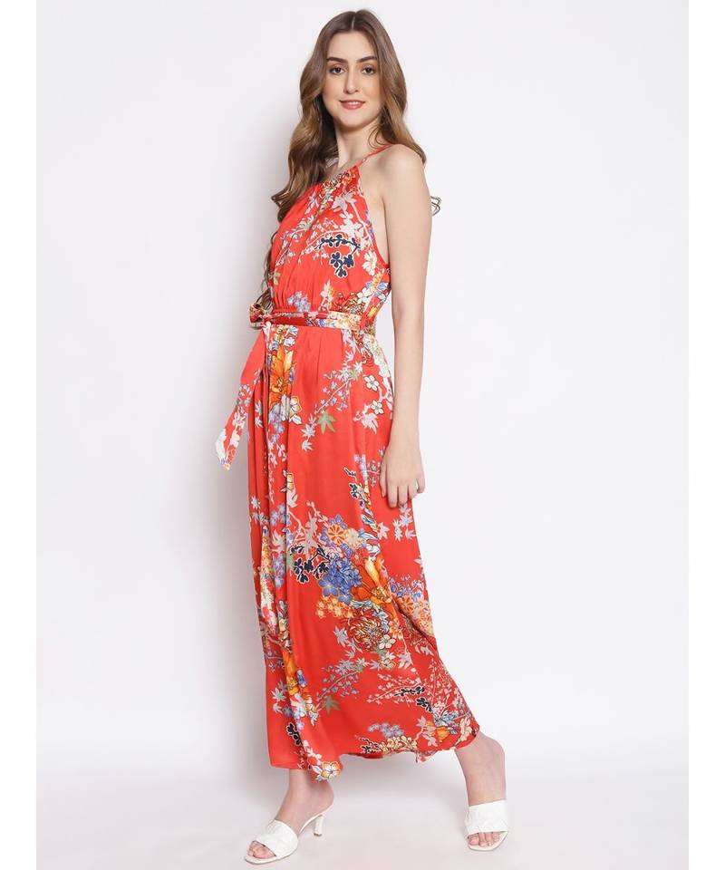 printed Red Polyester   Dress