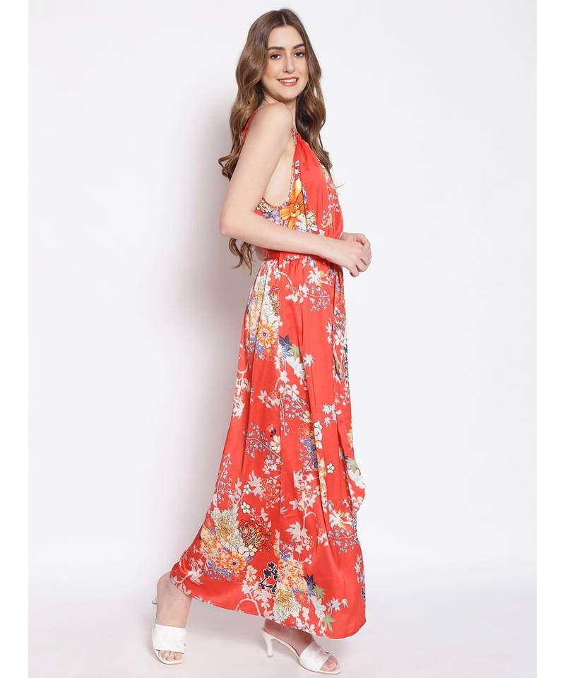 printed Red Polyester   Dress