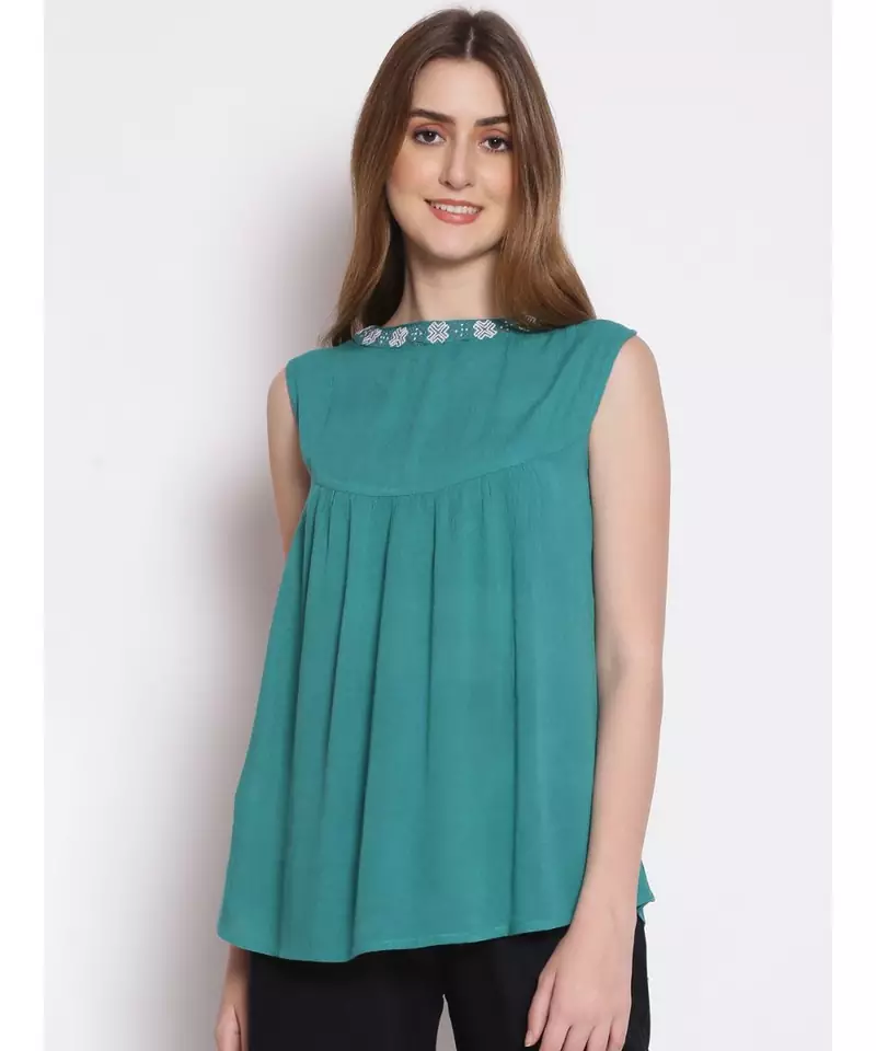 embroidered Green Viscose   Top