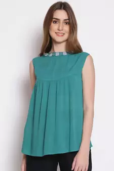 embroidered Green Viscose   Top