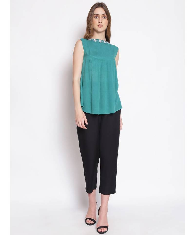 embroidered Green Viscose   Top